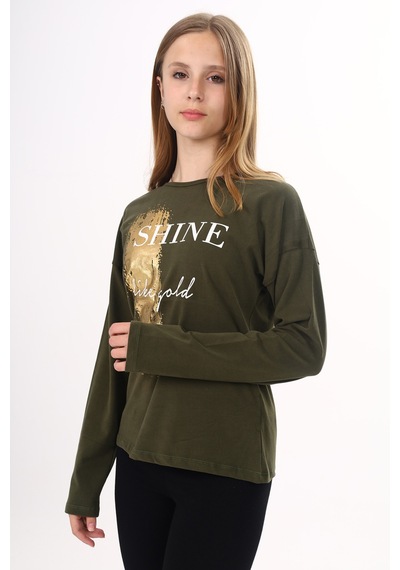 Toontoy Kız Çocuk Sweatshirt Shine Varak Baskılı Haki