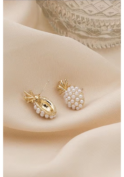 Kadın Küpe 14k Gold Renk İncili Ananas Premium Minimal Kararmaz Küpe Altın