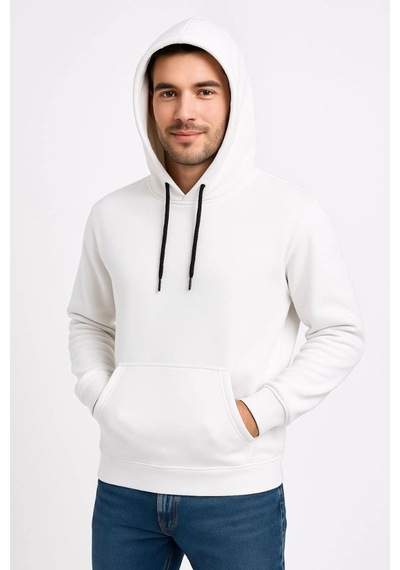 Erkek 3 İplik Pamuklu Kapüşonlu Kanguru Cepli Sweatshirt Hoodie - Beyaz
