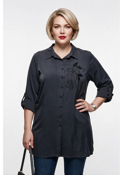 Alzeta Kadın Büyük Beden Klasik Yaka İşlemeli Çiçek Detaylı Uzun Kollu Tunik Gömlek Siyah