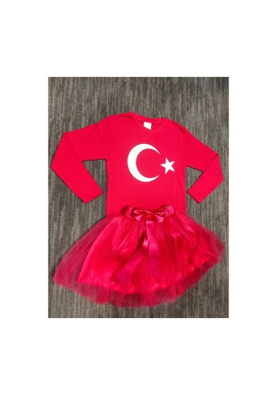 Trendy Mall Ayyıldızlı Penye-tütü Etek Takım Kırmızı Kırmızı