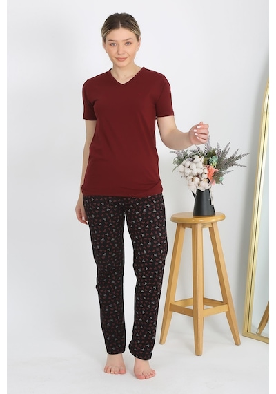 Akbeniz Kadın Kısa Kol Pamuk Penye Pijama Takım Bordo 4214-bordo Bordo