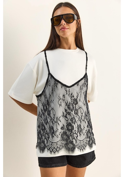 Shade Kadın Dantel Detaylı Katmanlı Görünümlü Basic T-shirt 1083 60286114 - Beyaz