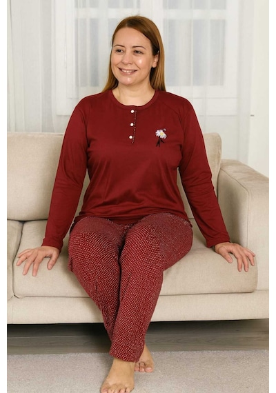 Tenra Geniş Kalıp Kadın Pijama Takımı %100 Pamuk Kırmızı