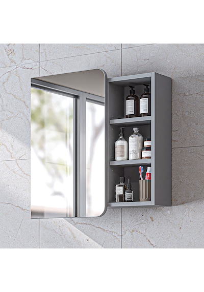 Likya Kulpsuz Tek Kapaklı Açık Raflı Aynalı Mdflam 70 Cm Aynalı Banyo Üst Dolabı Kül Gri