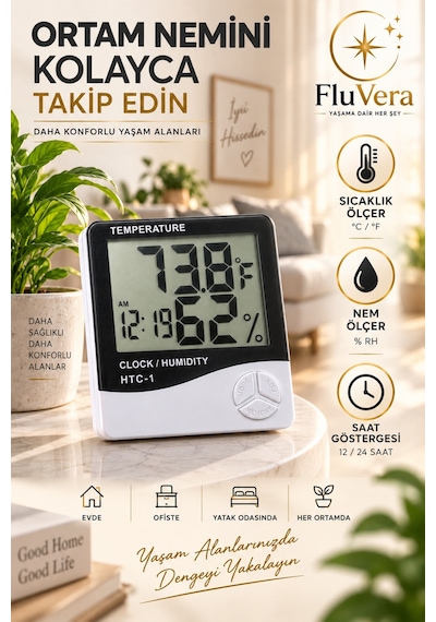 Dijital Termometre Nem Ölçer Saatli Higrometre Sıcaklık Ölçer Lcd Ekran