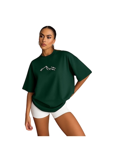 Dağ Baskılı Kadın Oversize Unisex Tişört Yeşil