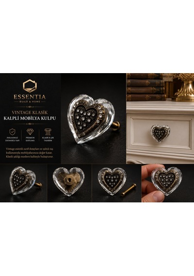 Premium Kristal Kalp Mobilya Kulpu Vintage Taşlı Dekoratif Dolap Kulbu 5 Adet Çoklu Renk