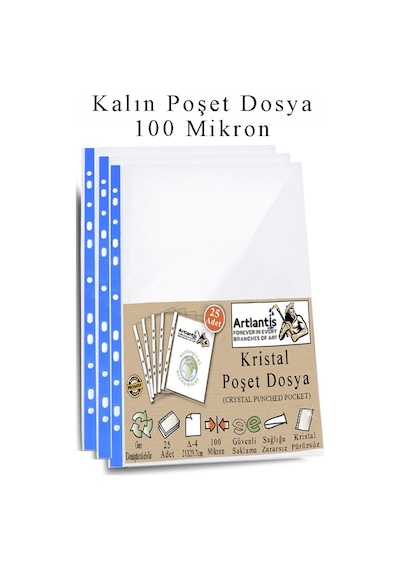 Poşet Dosya A4 Kristal 25 Adet Kalın Poşet Dosya Föy Mavi Şeritli 100 Mikron Şeffaf Belge Arşivleme Büro Ofis Okul 25 Adet