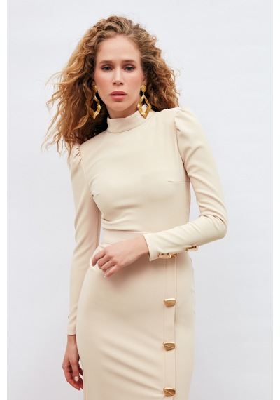 Sateen Düğme Detaylı Crop Bluz - Bej