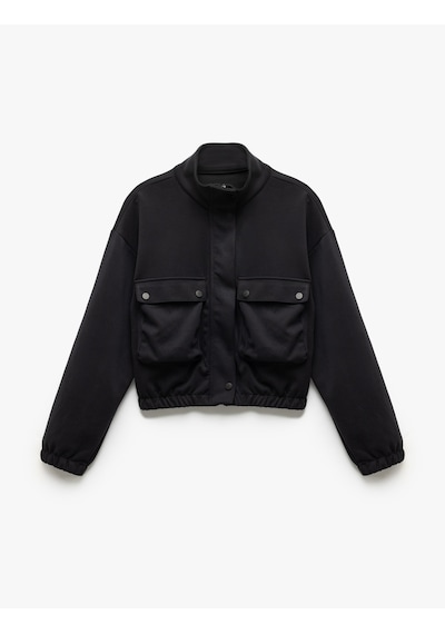 Koton Kolej Bomber Ceket Crop Kalın Modal Kumaş Düğmeli Cep Detaylı Siyah 5wak10096nk