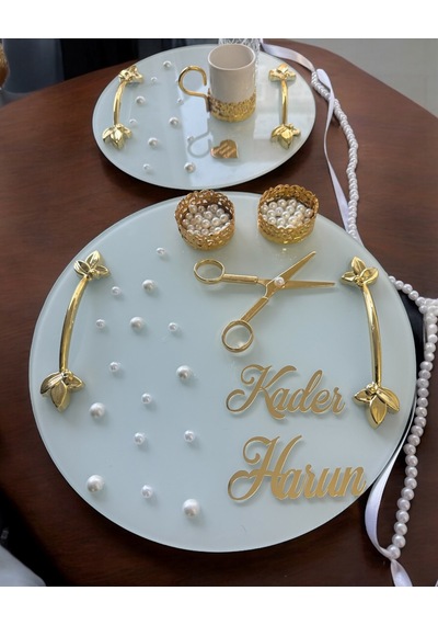 Beloved Gold Beyaz İncili Söz Tepsisi Nişan Tepsisi Ve Damat Kahve Fincan Tepsi Seti Beyaz Beyaz