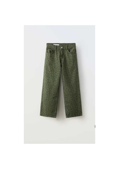 Uğur Bebe Kız Çocuk Geniş Paça Yeşil Leopar Kot Kanvas Pantolon Beli Ayarlamalı Yeşil Leopar Yeşil Leopar