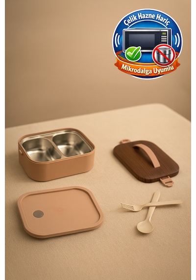 Lunchee - Çelik Bölmeli Sızdırmaz Ahşap Görünümlü Vakum Kapaklı Yemek Kabı Lunchbox 650 Ml Pembe