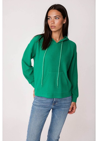 Vitrin Omuz Dekolteli Kanguru Cep Kapüşonlu Sweatshirt Yeşil