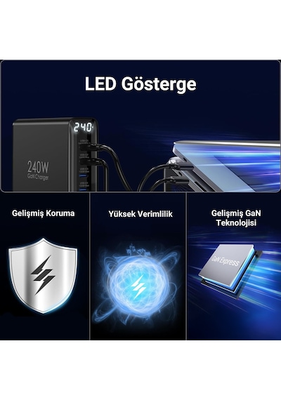 Juo 240W Gan PD 3.1 Masaüstü Hızlı Şarj Cihazı 4 Type-C + 2 Usb-A iPhone & Apple Uyumlu MacBook & Laptop Şarj Aleti