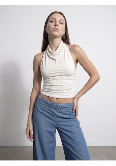 Dilvin 21246 Degaje Yaka Top-ekru