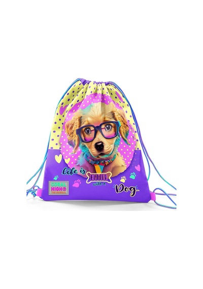Coral High Kids Sarı Pembe Sevimli Köpek Desenli İpli Büzgülü Sırt Çantası 12646 Pembe