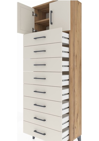 Arges Dolap 2 Raflı 8 Çekmeceli 2 Kapaklı 60x30x182 Çam-aytaşı Atlas Çam