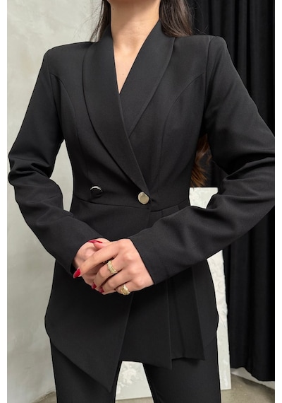 Msm Fashion Kadın İkili Blazer Ceket Pantolon Takım Pile Ve Düğme Detaylı Boru Paça Siyah