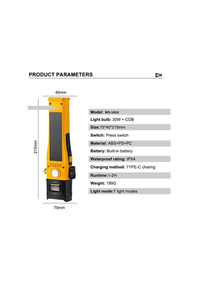 Jenerik Wison Ws-1414 Cam Kıracaklı Dijital Göstergeli Mıknatıslı Şarjlı Acil Durum Tamirci Feneri Çok Renkli