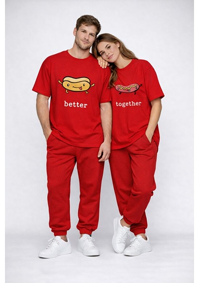 Better Together Baskılı Sevgili Kombini Çift Tişört Oversize Unisex Çift Kombin Kırmızı