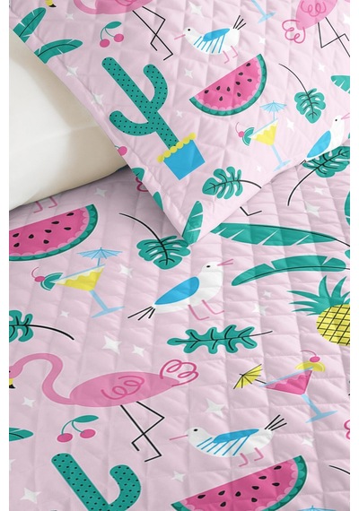 Evimde Bambaşka Flamingo Tropikal Pembe Kız Çocuk Pike Takımı-kaktüs Ananas Mint Bebek Odası Yatak Örtüsü 160x220  CM