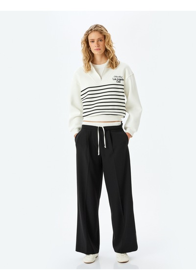 Koton Pamuk Karışımlı Dik Yaka Çizgili Yarım Fermuarlı Sweatshirt Ekru 5wak10523ek Ekru
