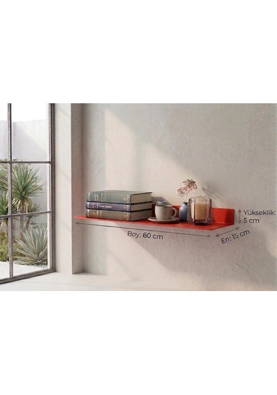 304 Paslanmaz Çelik Duvar Rafı Dekoratif Metal Raf Modern Tasarım - 60 X 16 - Kırmızı Diğer