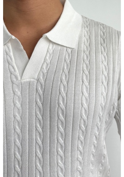 Erkek Fitilli Polo Yaka Triko T-shirt Beyaz