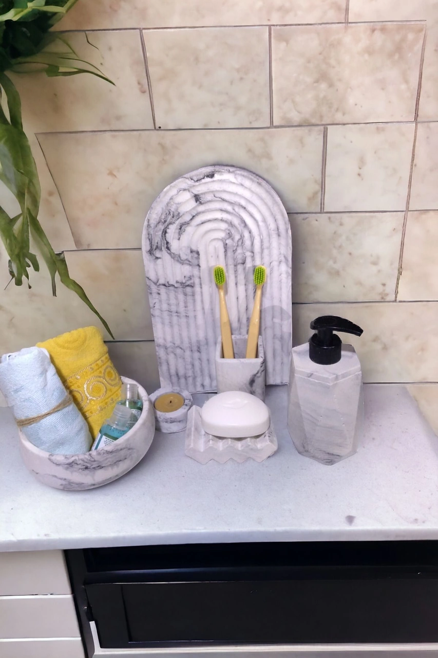 Marble Serisi Havluluk Ve Sivi Sabunluk,diş Fırçalığı Beton Banyo Seti Gri