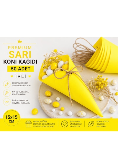 Premium Sarı Koni Kağıdı 50 Adet İpli Hediyelik İkram Ve Şeker Sunum Külahı