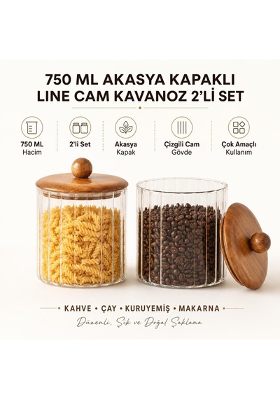 750 Ml Akasya Kapaklı Line Cam Kavanoz 2'li Set, Çizgili Şeffaf Cam Saklama Kavanozu, Ahşap Kapaklı Mutfak Düzenle Diğer