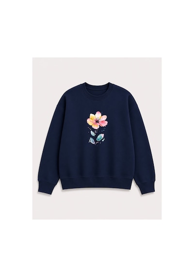 Herkesemoda Çiçek Baskı Detaylı Bisiklet Yaka Şardonlu 2 İplik Sweatshirt Lacivert