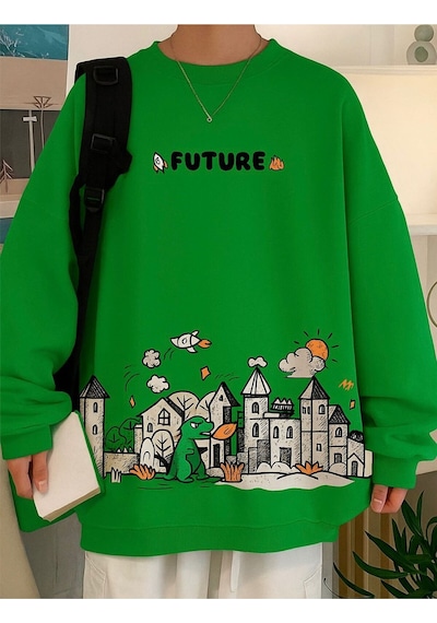 Benroma 3 İplik Penye Future Baskılı Unisex Sweatshırt Yeşil