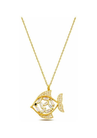 Çekirdekjewelry 925 Ayar Gümüş Gold Kaplama Balık Kolye Zirkon Taşlı Şık Tasarım Sarı