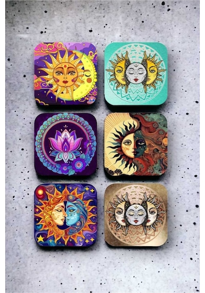 Sun And Moon Ahşap Bardak Altlığı Seti 6 Adet Ahşap