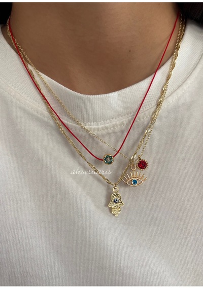 3'lü Şans Kolyesi Kırmızı İpli Zirkon Charm Gold Kadın Kolye Set Altın Altın