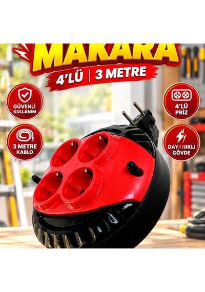 4 Lü Kablolu Priz Makarası 3 Metre Kablo Kırmızı Diğer