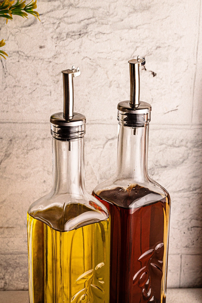 Snippy Olea - 2'li Ahşap Yüksek Standlı Cam Zeytinyağı Şişesi Yağlık Damlatmaz Yağlık Sirkelik 500ml Ahşap