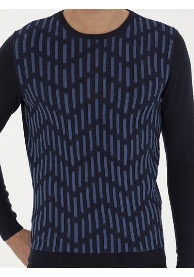 Cacharel Lacivert Slim Fit %100 Pamuk Bisiklet Yaka Triko Kazak