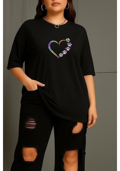 Büyük Beden Renkli Kalp Baskılı Unisex Tişört SIYAH