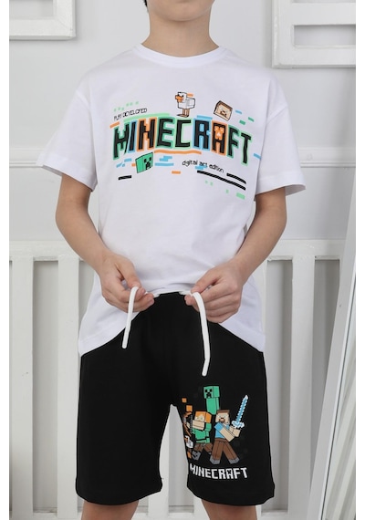 Minecraft Baskı Erkek Çocuk Şortlu Takım-90354 Siyah