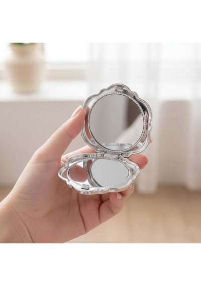 Gül Tasarımlı Çanta/cep Aynası - Katlanabilir, Mini Boy, Taşınabilir, Makyaj Aynası, 6cm Gri