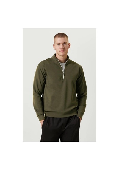 Erkek 3 İplik Pamuklu Uzun Kol Yarım Farmuarlı Yakalı Sweatshirt - - Haki