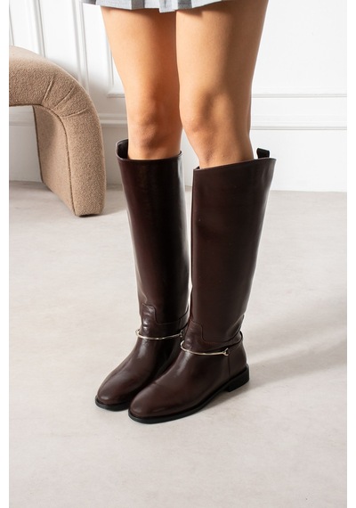 Dabab Shoes Rustle Kadın Bordo Kırışık Cilt Metal Halka Detaylı Sıcak Astarlı Kaymaz Taban 3 Cm Topuklu Uzun Konç Çizme