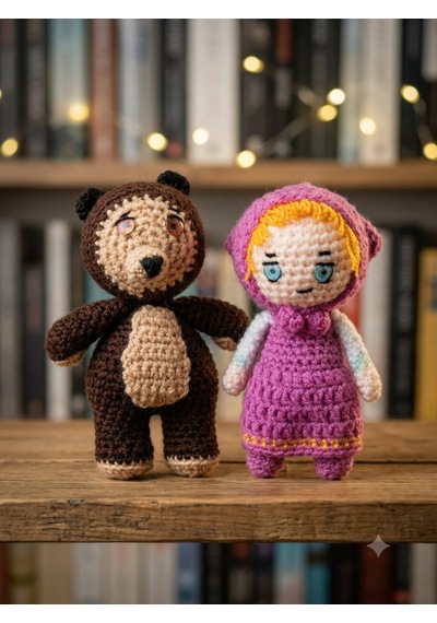 Afacan Kız ve Tonton Ayıcık Amigurumi Örgü Oyuncak - Çizgi Film Karakteri Hediyelik Figür 11 Cm