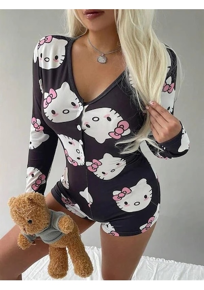 Ang Butik Kadın Pamuklu Siyah Hello Kitty Desenli Düğmeli Uzun Kol Tulum Pijama Pembe