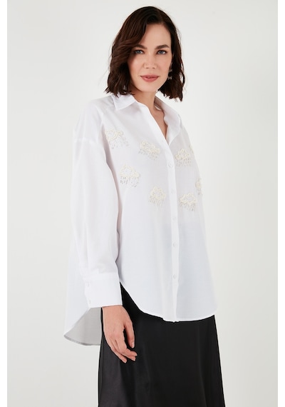 Lela Taş Detaylı Uzun Kollu Regular Fit Bayan Gömlek 611Go00418 Ekru