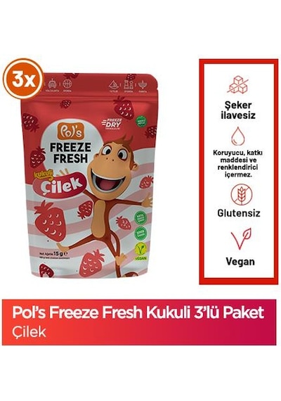 Pol's Freeze Fresh Kukuli Çilek 15 G X 3 Adet Freeze Dry Dondurularak Kurutulmuş 15 G